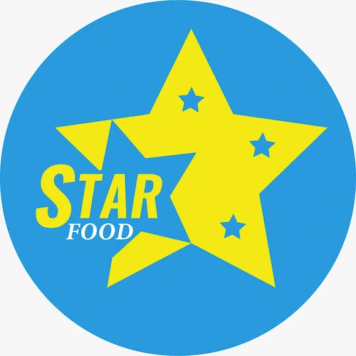 Star Food — Markenlogo-Design, blauer und gelber Stern