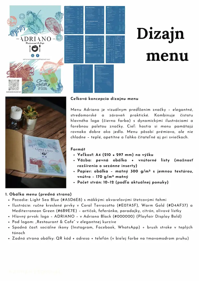 Adriano Restaurant menu — typography and layout