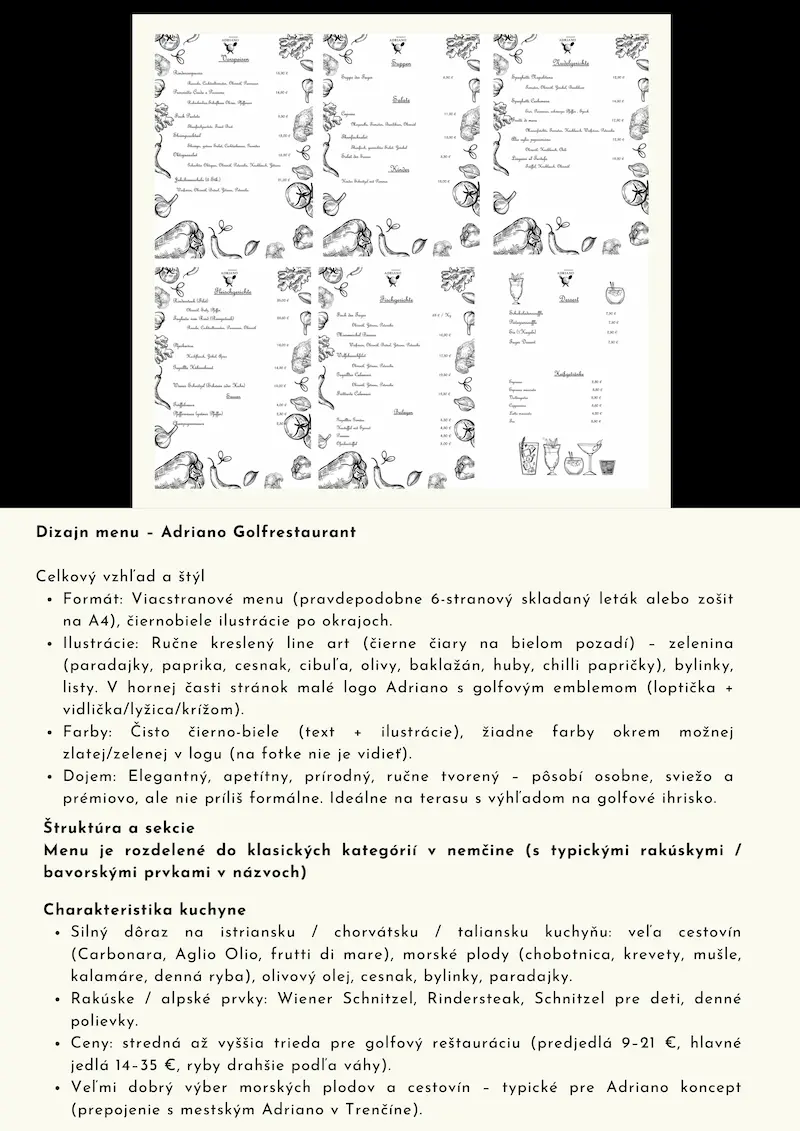 Dizajn menu Adriano Golfrestaurant — jednotný štýl napriek rozdielnym trhom