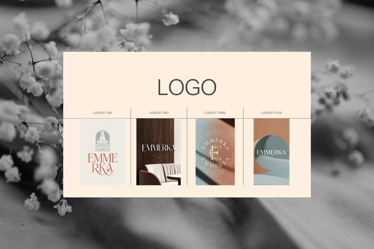 Four Emmerka logo concepts — arch, dark wood, monogram, geometric